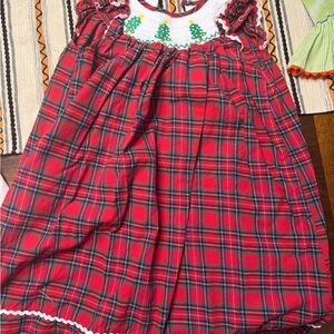 Smocked Red Plaid Dress with Christmas Tree Embroidery